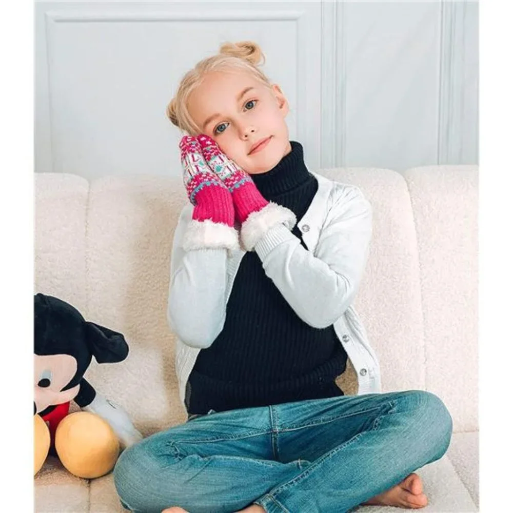 3 Pairs Kids' Sherpa Lined Knit Mittens Boys Girls Winter Gloves